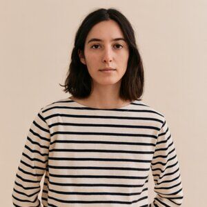 Uniqlo Striped Black and Cream Crew Neck Sweater